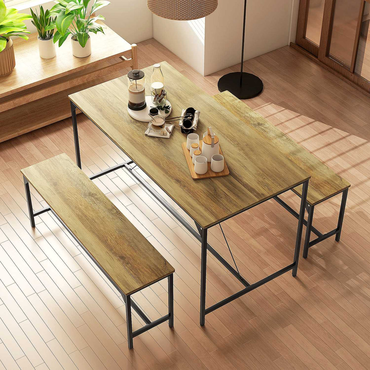 Dining group set of 3, kitchen table set, dining table with 2 benches for 4 people, table group, dining room group, for kitchen, living room, natural