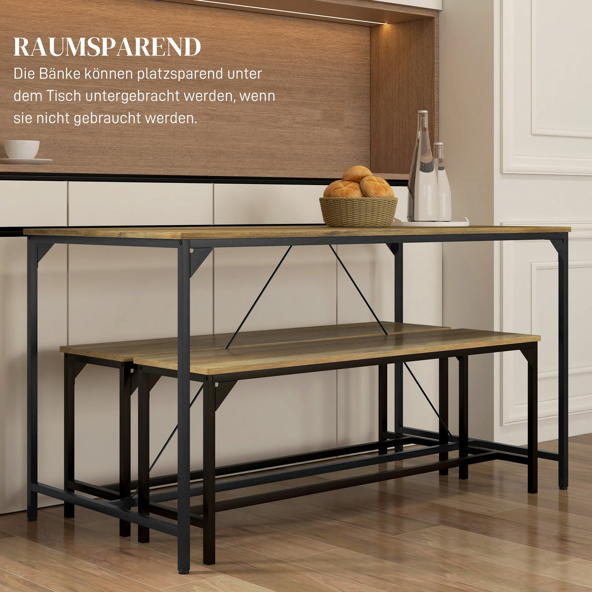 Dining group set of 3, kitchen table set, dining table with 2 benches for 4 people, table group, dining room group, for kitchen, living room, natural