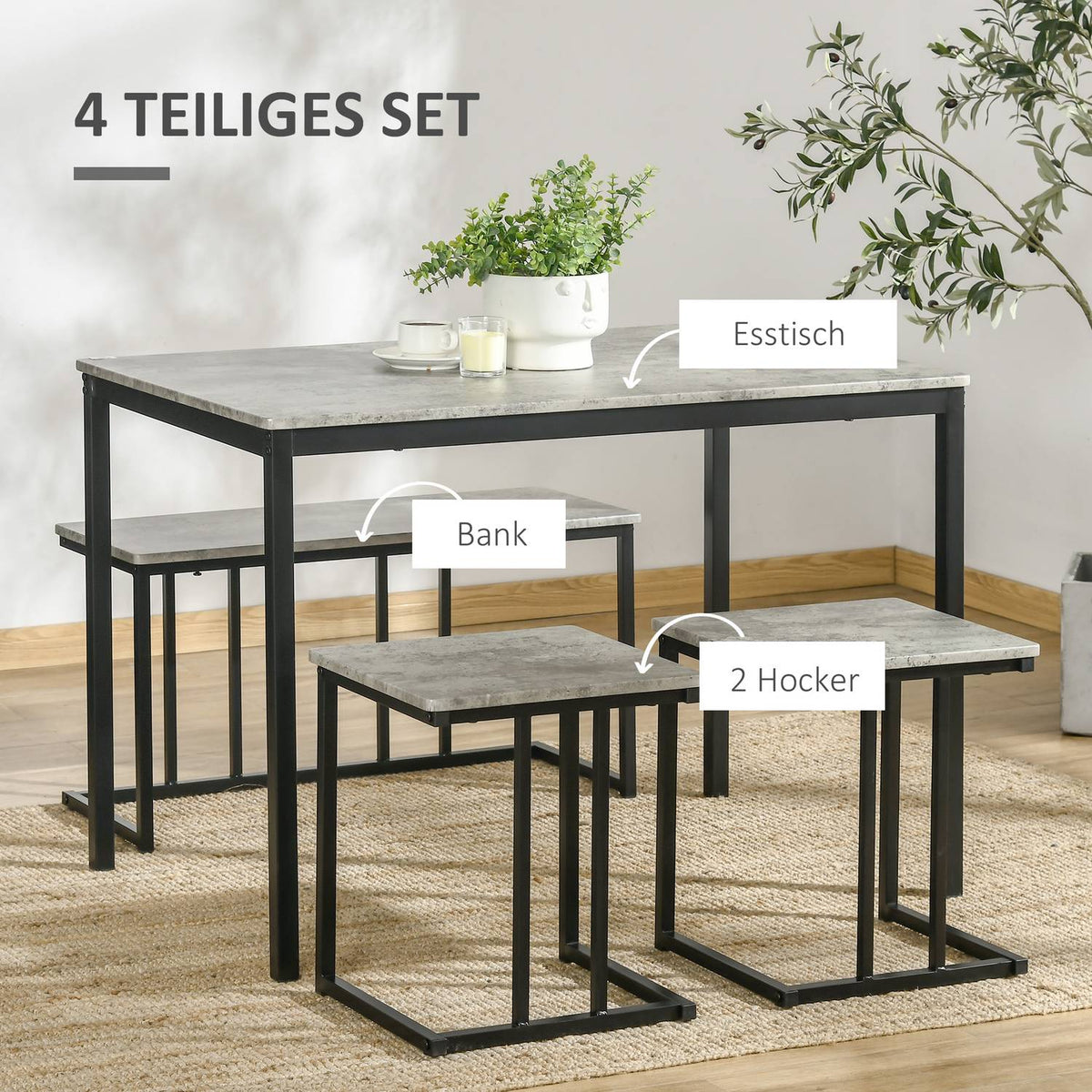 Dining group set of 4, kitchen table set, dining table with 3 benches for 4 people, dining room group, table group for kitchen, living room, gray