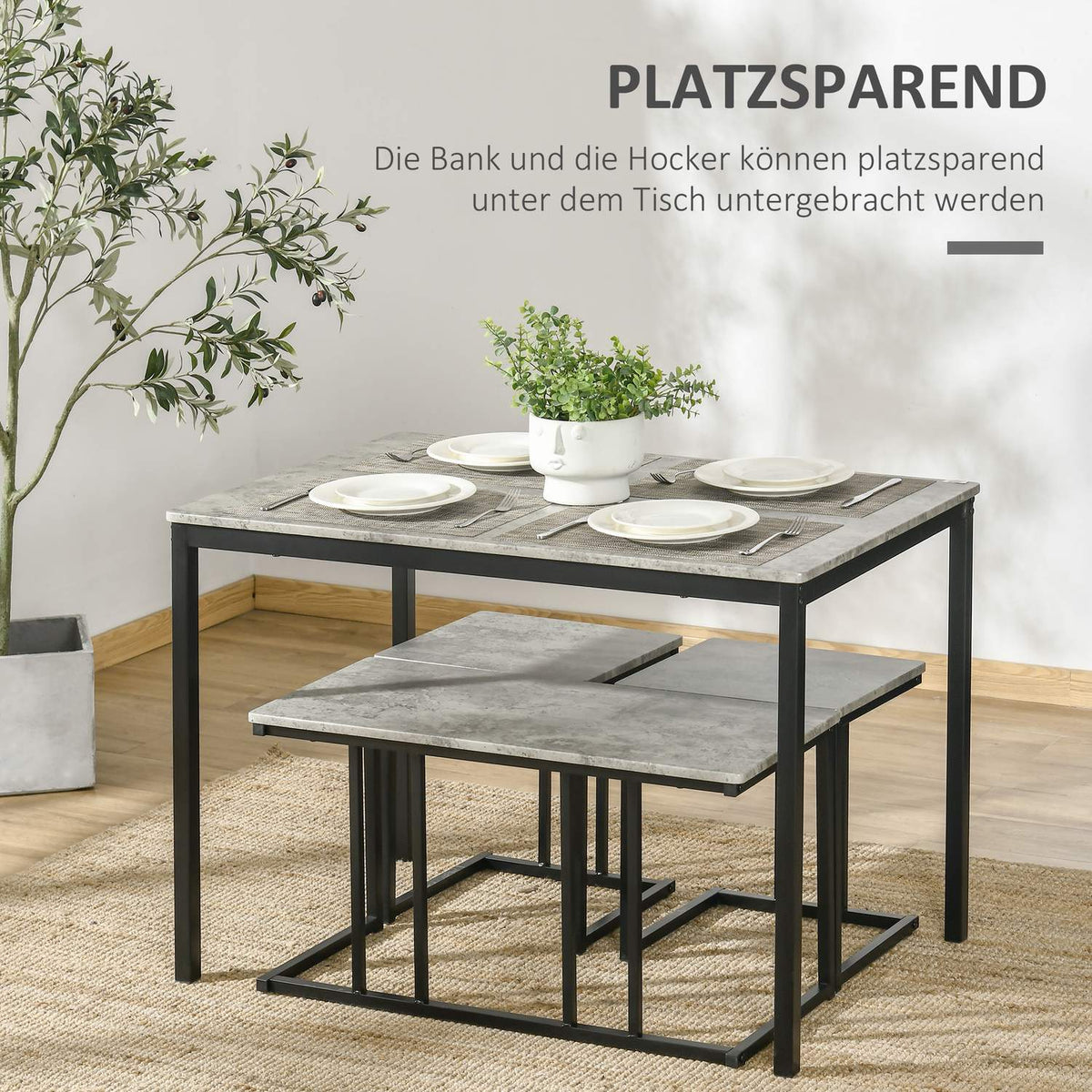 Dining group set of 4, kitchen table set, dining table with 3 benches for 4 people, dining room group, table group for kitchen, living room, gray