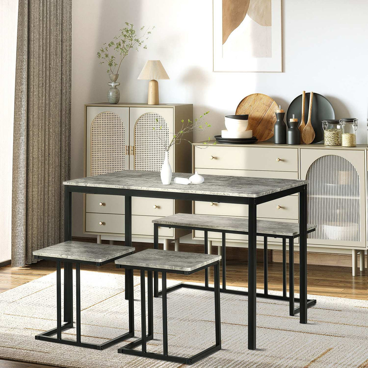 Dining group set of 4, kitchen table set, dining table with 3 benches for 4 people, dining room group, table group for kitchen, living room, gray