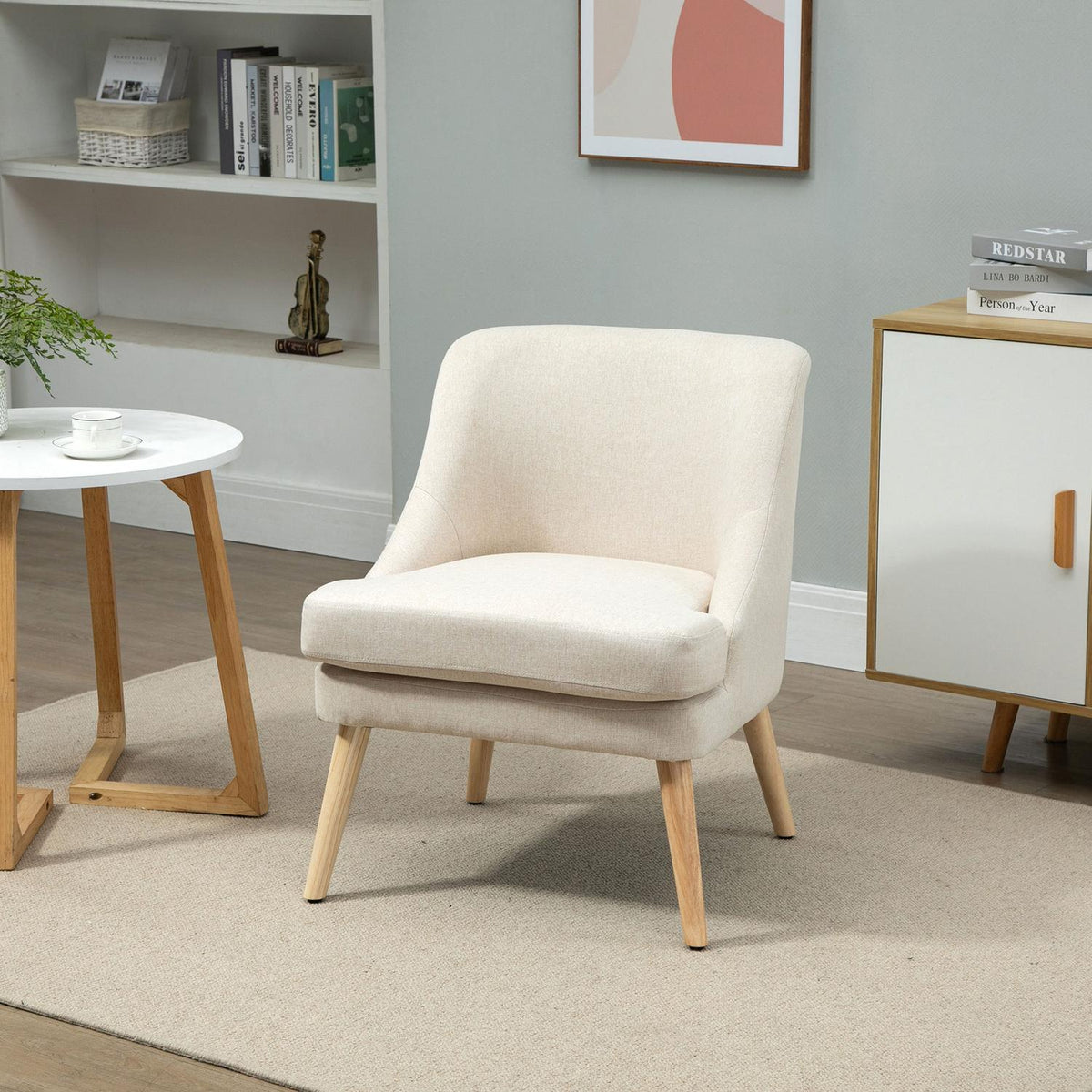 Dining room chair Modern kitchen chair with armrest, upholstered chair in linen touch, wood, white, 63x69x79.5 cm