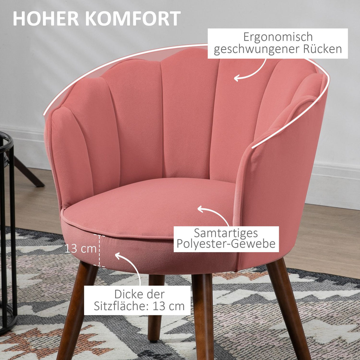 Dining room chair, kitchen chair, armchair with backrest, living room chair, polyester, rubber wood, pink, 66 x 72 x 79 cm