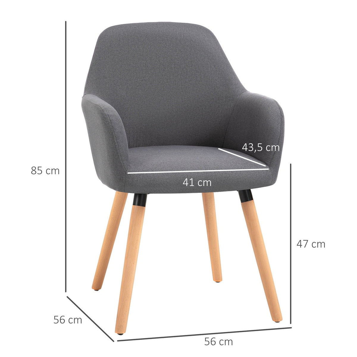Dining room chair, living room chair, upholstered chair with anti-slip, linen fabric, beech wood, dark gray + natural, 56x60x85 cm