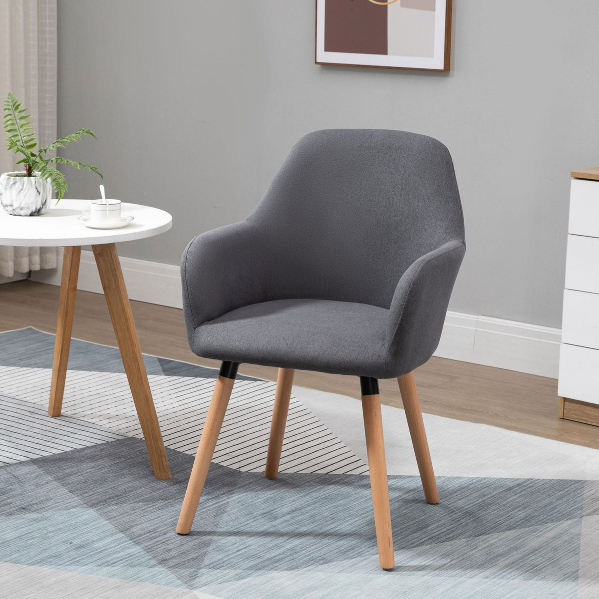 Dining room chair, living room chair, upholstered chair with anti-slip, linen fabric, beech wood, dark gray + natural, 56x60x85 cm