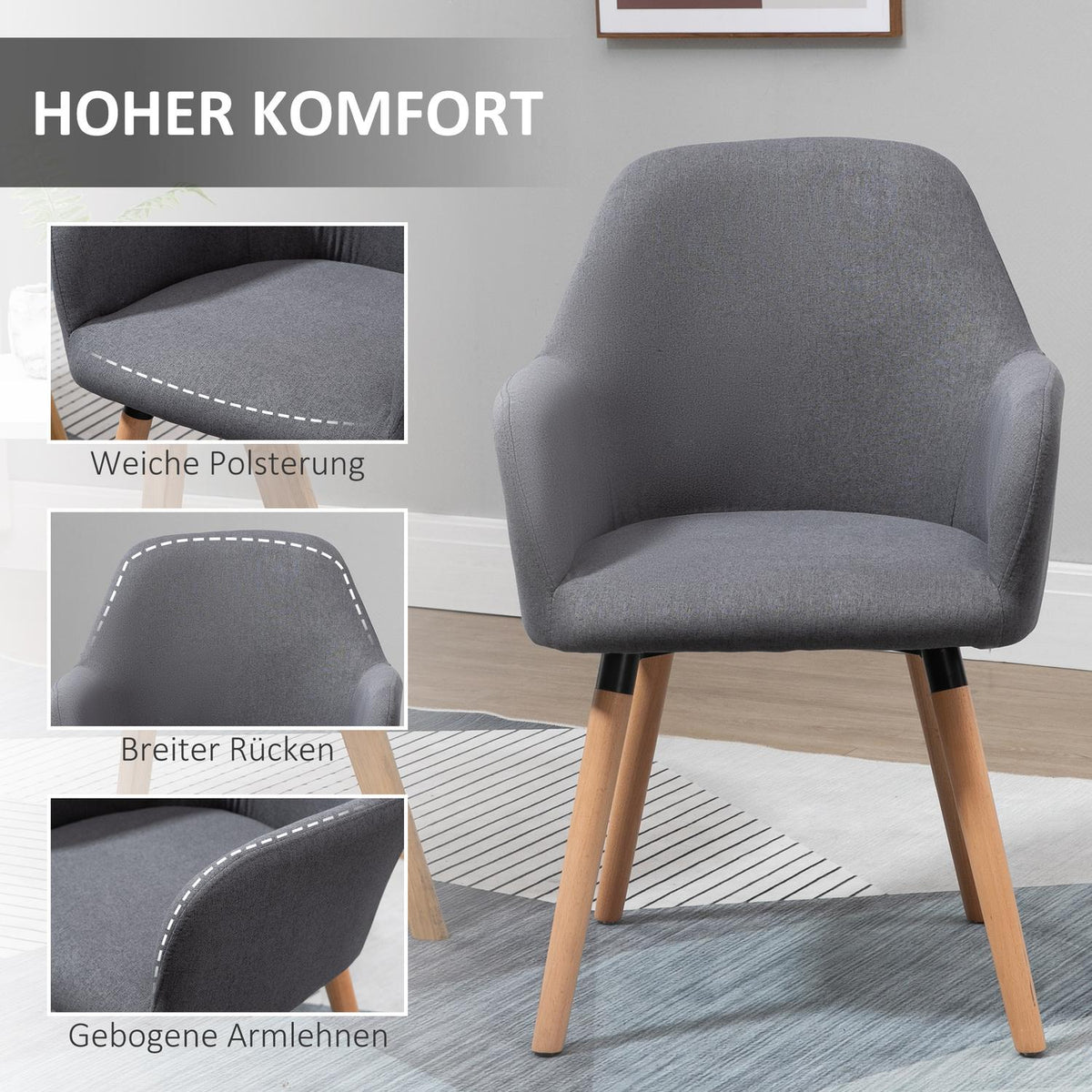 Dining room chair, living room chair, upholstered chair with anti-slip, linen fabric, beech wood, dark gray + natural, 56x60x85 cm