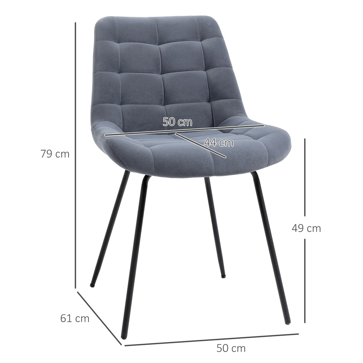 Dining room chair set of 2 chairs with backrest, velvet cover, retro design, steel legs, gray, for living room