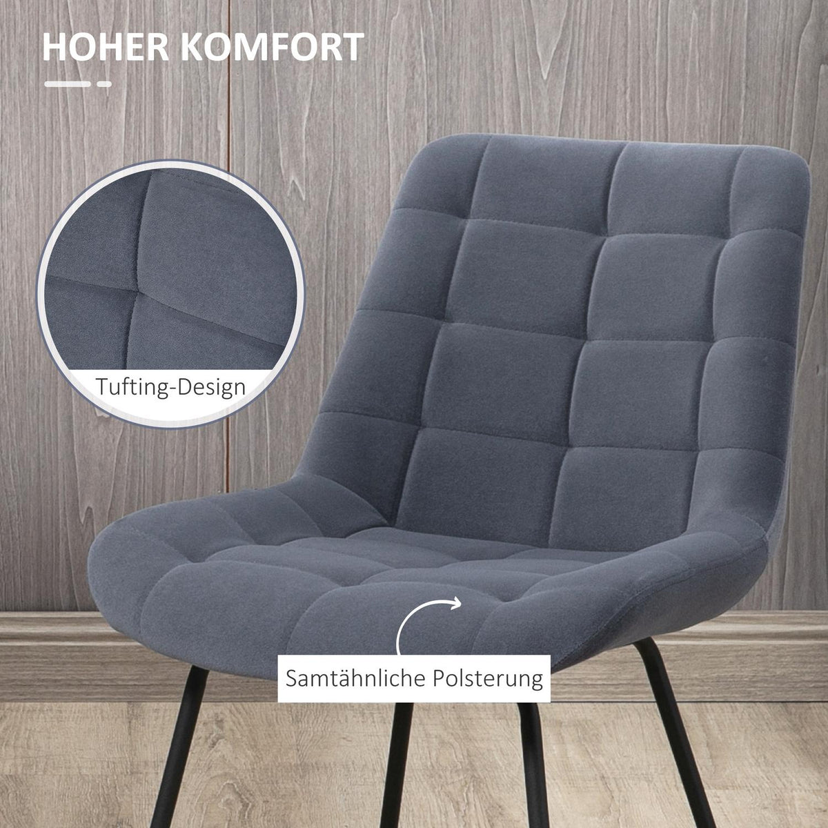 Dining room chair set of 2 chairs with backrest, velvet cover, retro design, steel legs, gray, for living room
