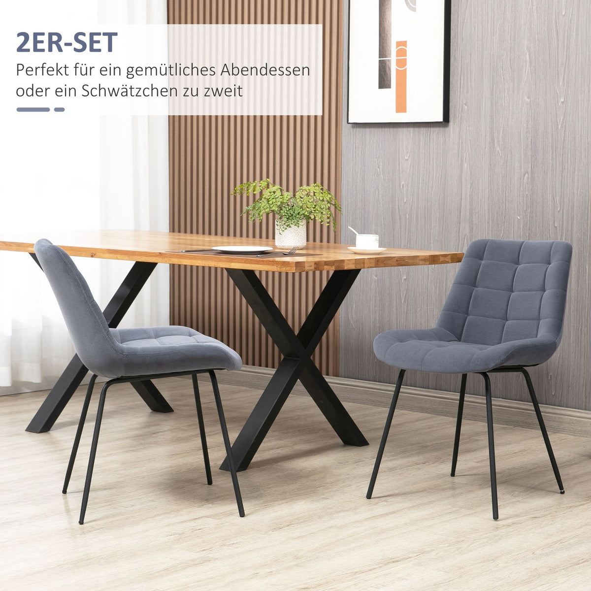 Dining room chair set of 2 chairs with backrest, velvet cover, retro design, steel legs, gray, for living room