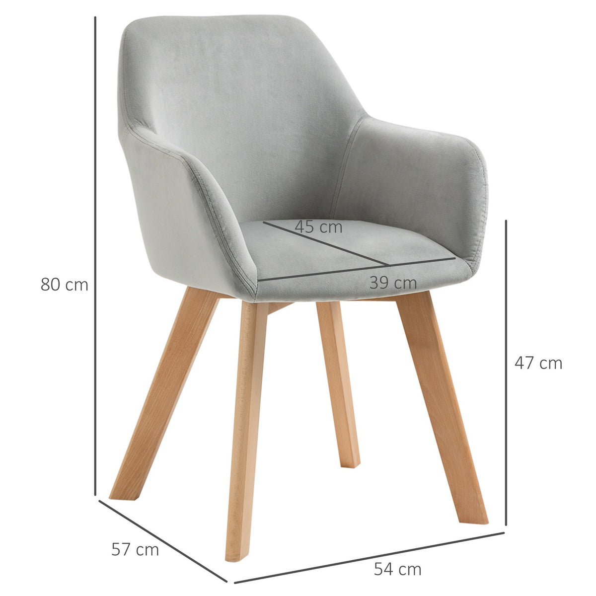 Dining room chairs set of 2 kitchen chairs with arm and backrest, velvet look upholstery, wooden legs, gray
