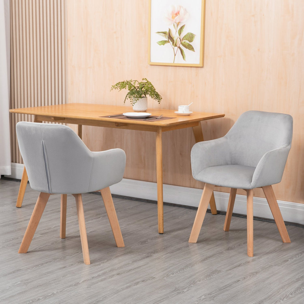Dining room chairs set of 2 kitchen chairs with arm and backrest, velvet look upholstery, wooden legs, gray
