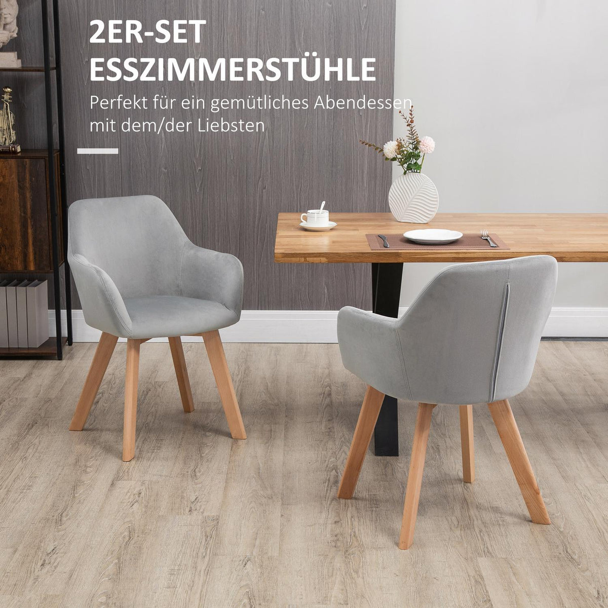 Dining room chairs set of 2 kitchen chairs with arm and backrest, velvet look upholstery, wooden legs, gray
