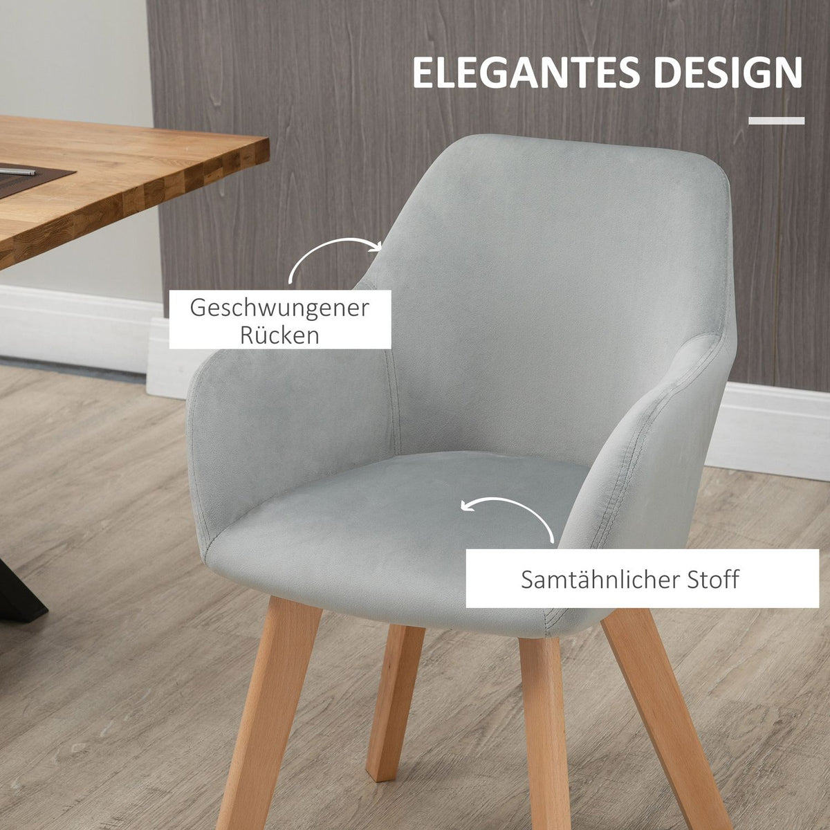 Dining room chairs set of 2 kitchen chairs with arm and backrest, velvet look upholstery, wooden legs, gray