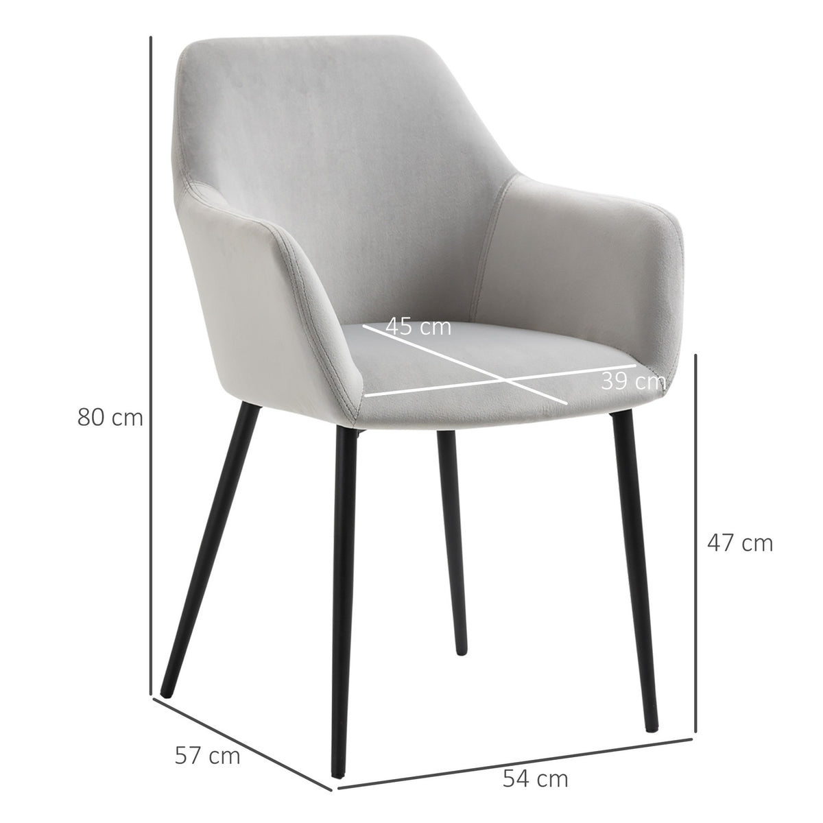 Dining room chairs set of 2 kitchen chairs with backrest, velvet look, upholstered chair with steel legs for living room, light gray 54 x 57 x 80 cm