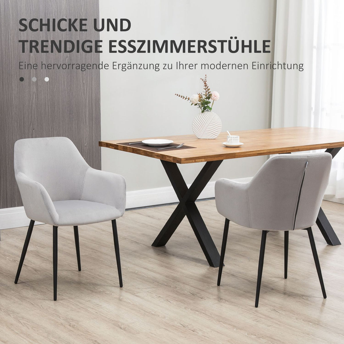 Dining room chairs set of 2 kitchen chairs with backrest, velvet look, upholstered chair with steel legs for living room, light gray 54 x 57 x 80 cm