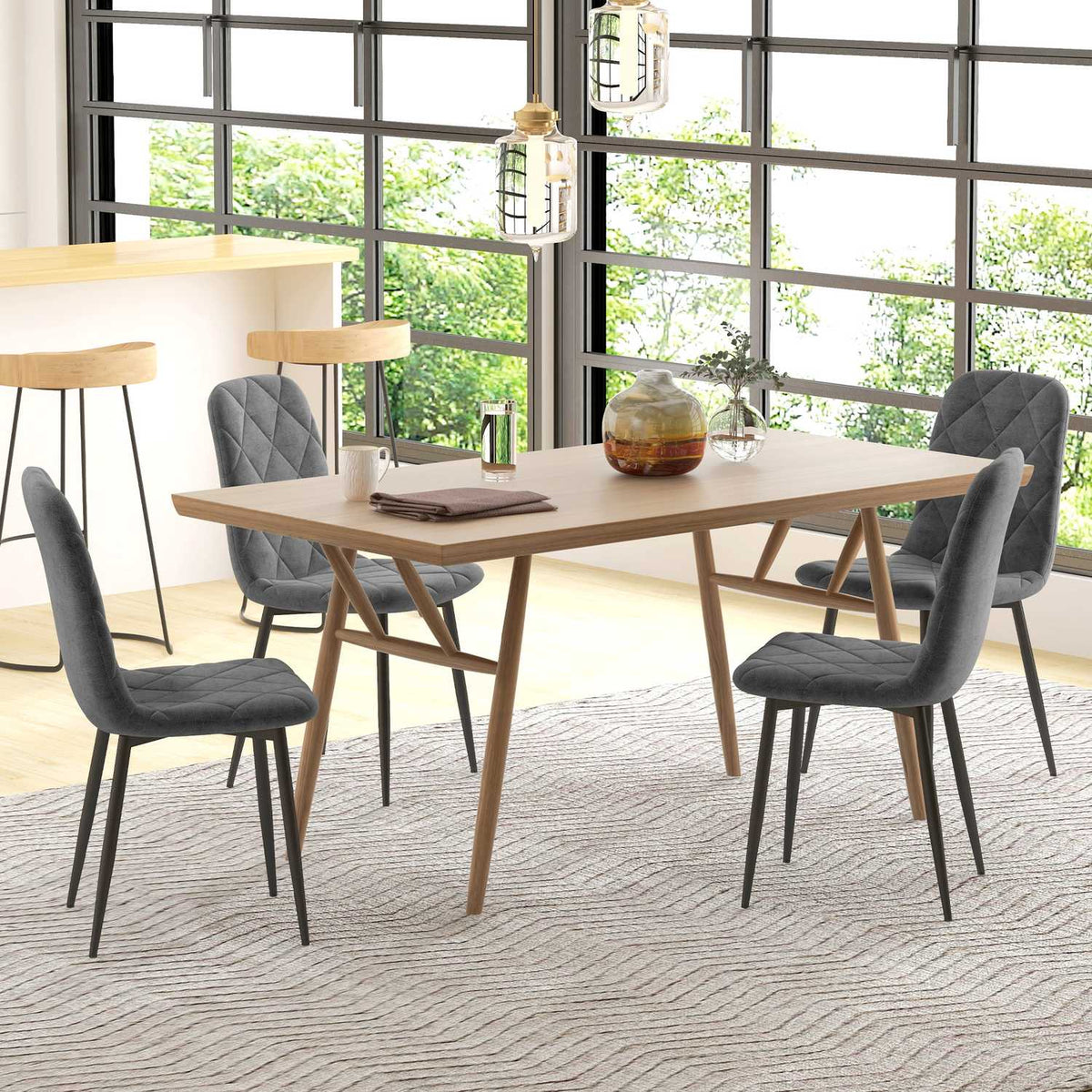 Dining room chairs, set of 4 kitchen chairs with backrest, velvet look, upholstered chairs with metal legs, for dining table, grey