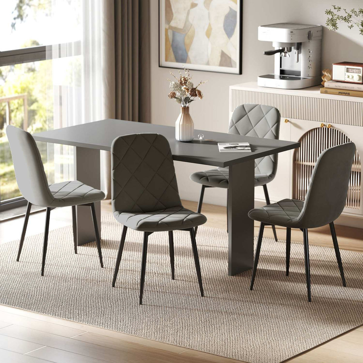 Dining room chairs, set of 4 kitchen chairs with backrest, velvet look, upholstered chairs with metal legs, for dining table, grey