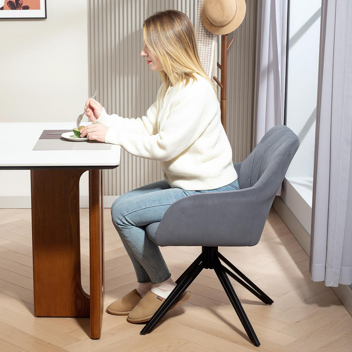 Dining room chair upholstered chair with armrest kitchen chair living room chair velvet look retro design steel gray 58 x 60.5 x 79 cm
