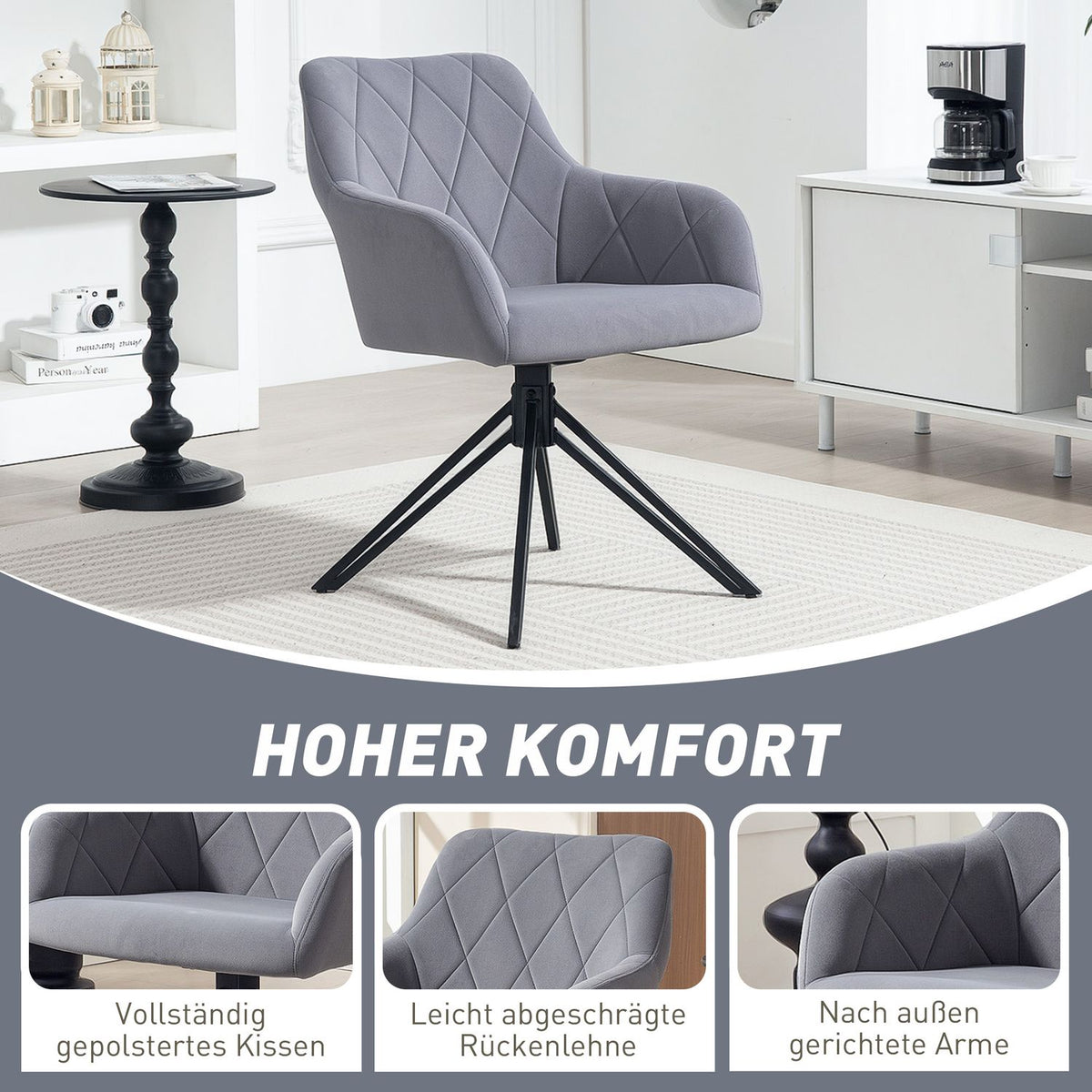 Dining room chair upholstered chair with armrest kitchen chair living room chair velvet look retro design steel gray 58 x 60.5 x 79 cm