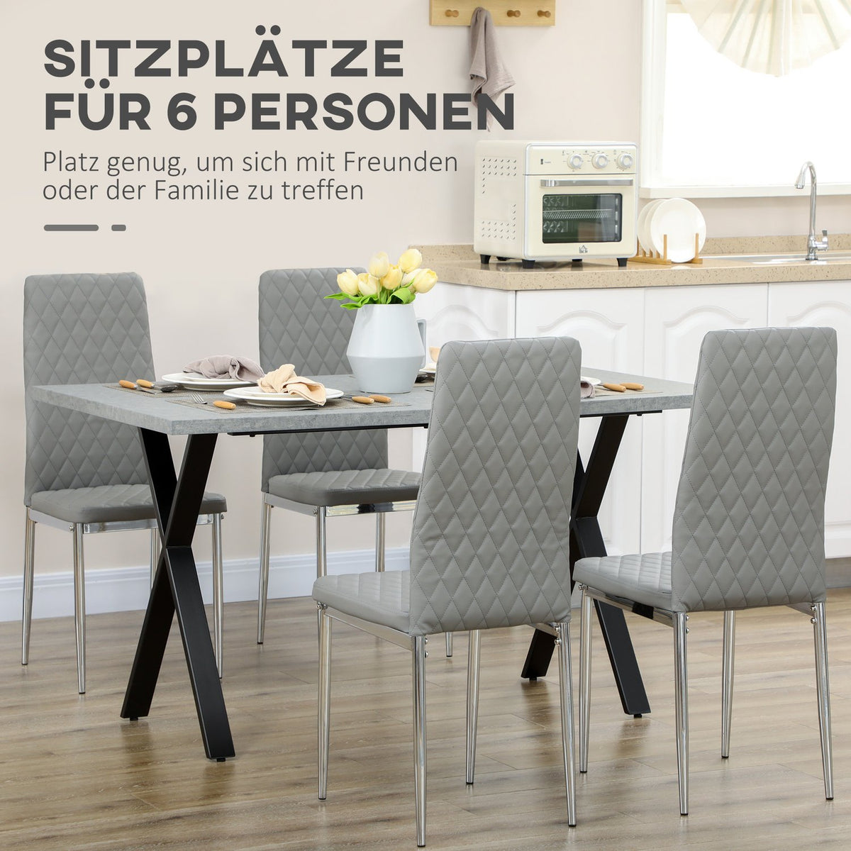 Dining room table for 6 people stone look steel legs gray 140x80x76cm