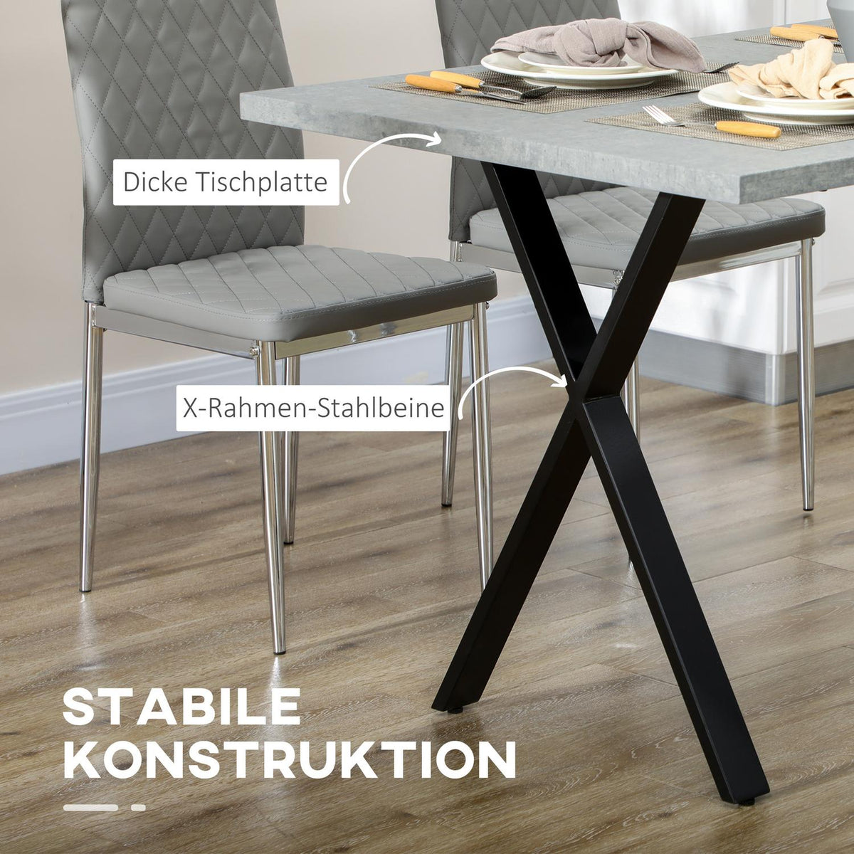 Dining room table for 6 people stone look steel legs gray 140x80x76cm