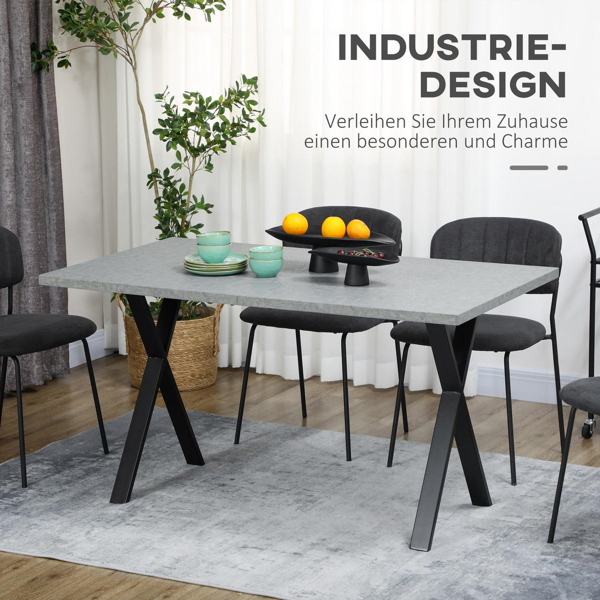 Dining room table for 6 people stone look steel legs gray 140x80x76cm