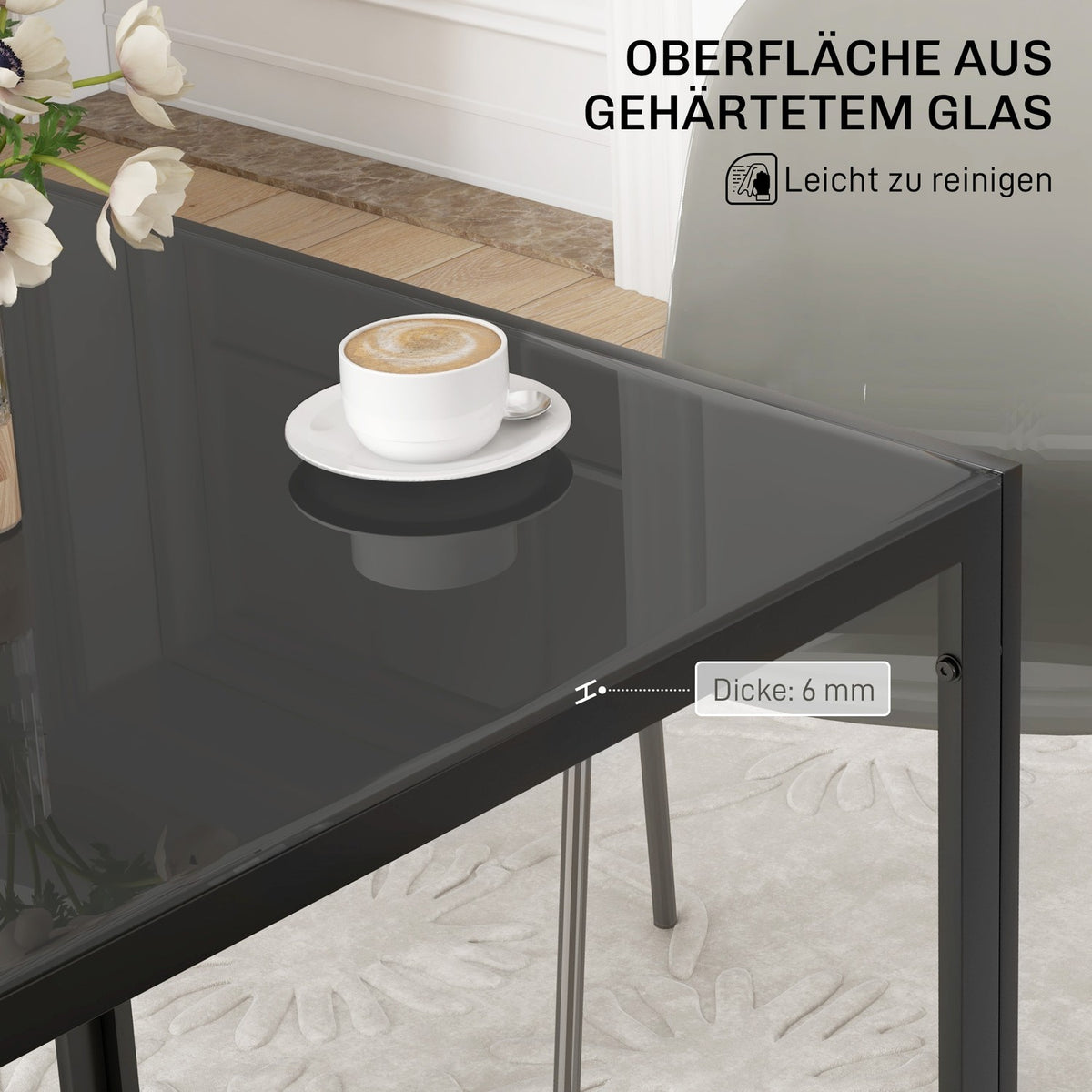 Dining table Square kitchen table for 4 people, dining room table made of tempered glass, load capacity up to 80 kg, for kitchen, dining room, 75 x 75 x 75 cm, black