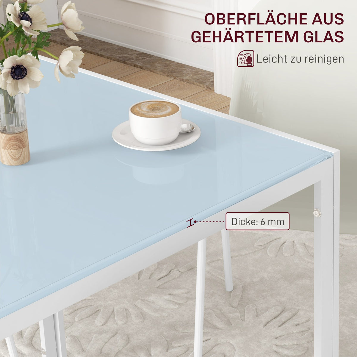 Dining table Square kitchen table for 4 people, dining room table made of tempered glass, load capacity up to 80 kg, for kitchen, dining room, 75 x 75 x 75 cm, white