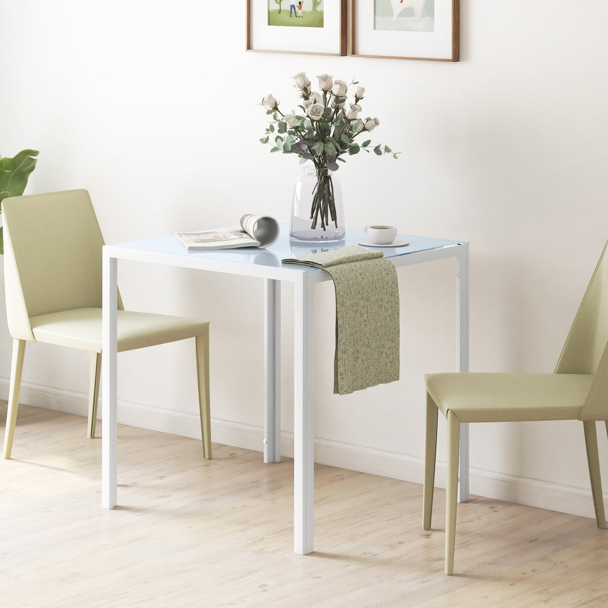 Dining table Square kitchen table for 4 people, dining room table made of tempered glass, load capacity up to 80 kg, for kitchen, dining room, 75 x 75 x 75 cm, white