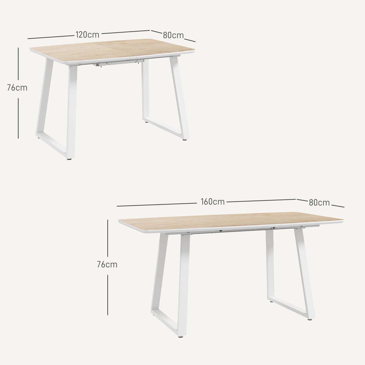 Dining table extendable kitchen table for 4-6 people, rectangular dining room table for kitchen, dining room, steel, 120/160 x 80 x 76 cm, oak
