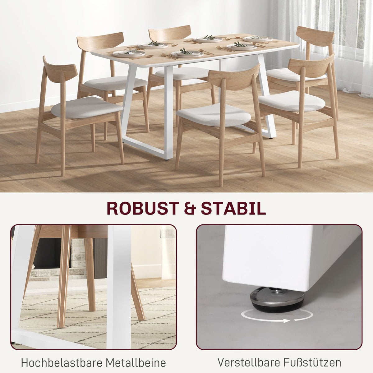 Dining table extendable kitchen table for 4-6 people, rectangular dining room table for kitchen, dining room, steel, 120/160 x 80 x 76 cm, oak