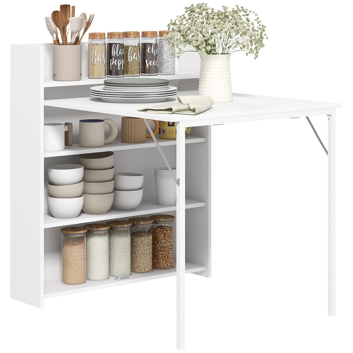 Dining table folding kitchen table with 4-tier shelves for 3 people, folding table with anti-tip protection for small rooms, kitchen, dining room, 80 x 90 x 93 cm, white
