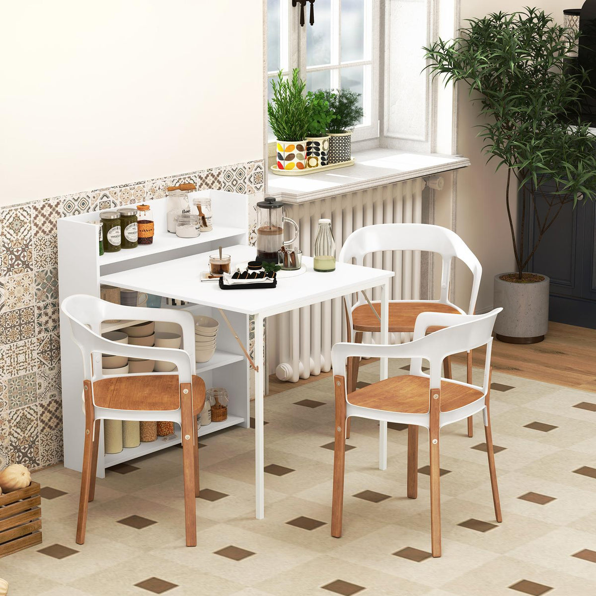 Dining table folding kitchen table with 4-tier shelves for 3 people, folding table with anti-tip protection for small rooms, kitchen, dining room, 80 x 90 x 93 cm, white