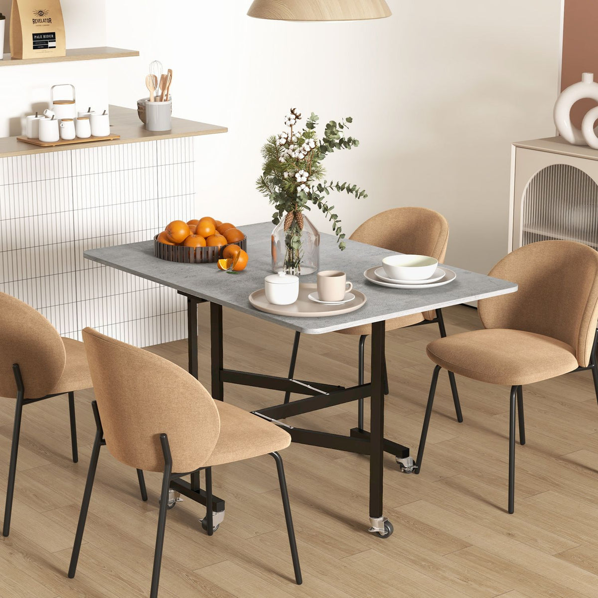 Dining table, folding kitchen table with wheels, steel legs, folding table for 4-6 people, dining room table, 52.5-120 x 80 x 73 cm