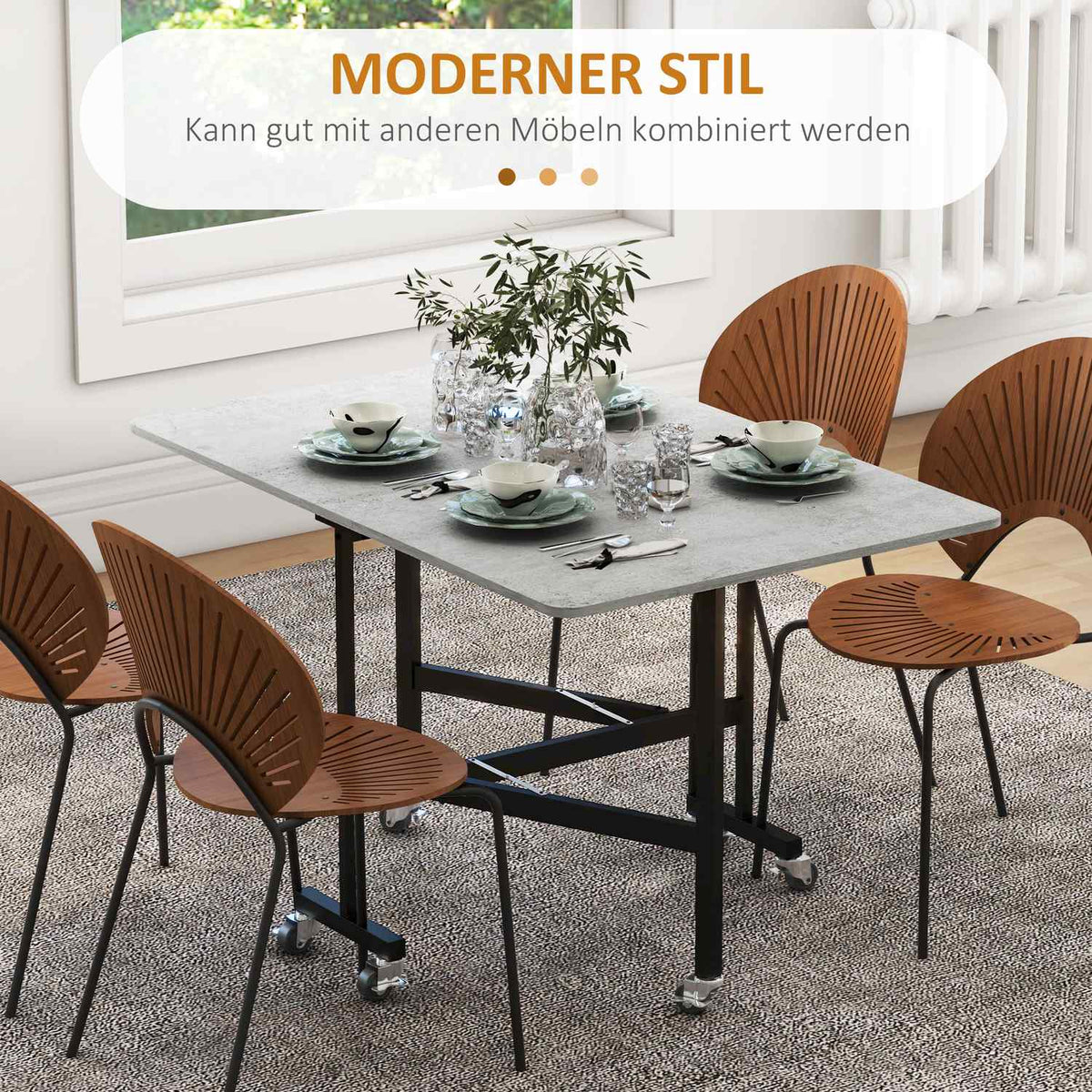 Dining table, folding kitchen table with wheels, steel legs, folding table for 4-6 people, dining room table, 52.5-120 x 80 x 73 cm