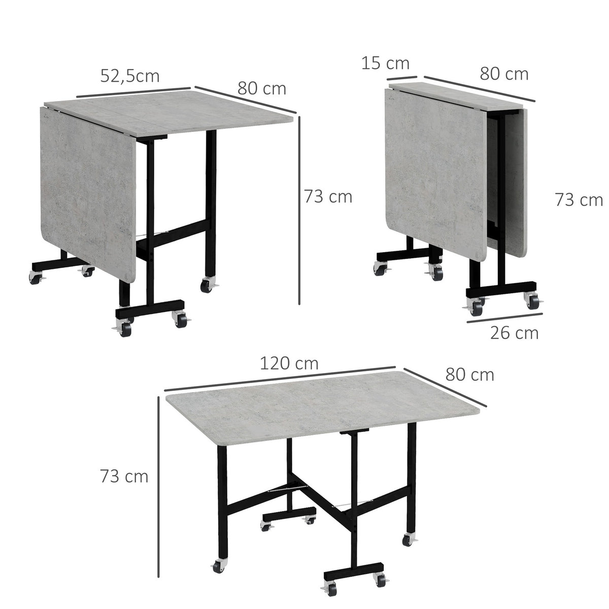 Dining table, folding kitchen table with wheels, steel legs, folding table for 4-6 people, dining room table, 52.5-120 x 80 x 73 cm