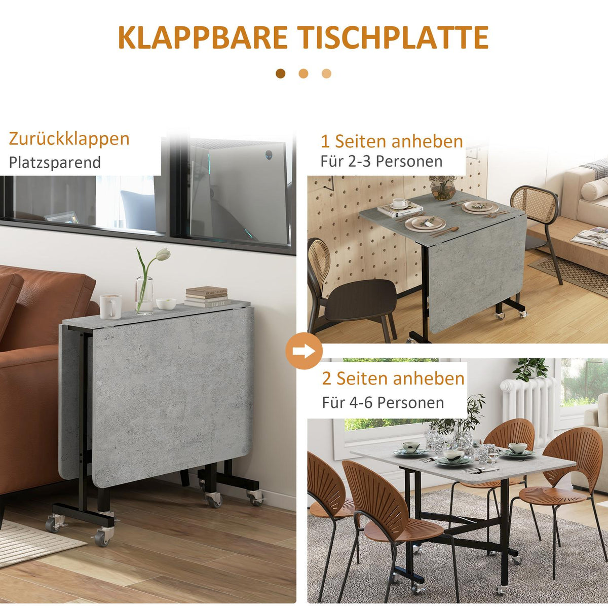 Dining table, folding kitchen table with wheels, steel legs, folding table for 4-6 people, dining room table, 52.5-120 x 80 x 73 cm