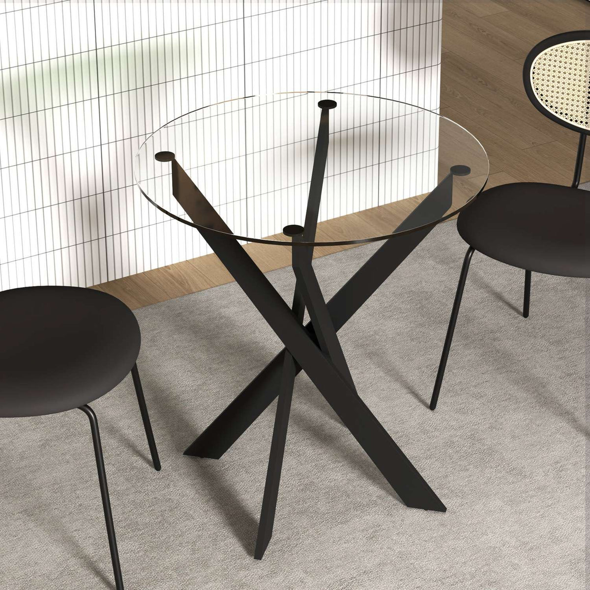 Dining table, round kitchen table for 4 people, dining room table with steel legs, table top made of tempered glass, for dining room, kitchen, Ø70 x 75 cm, modern design, black+transparent