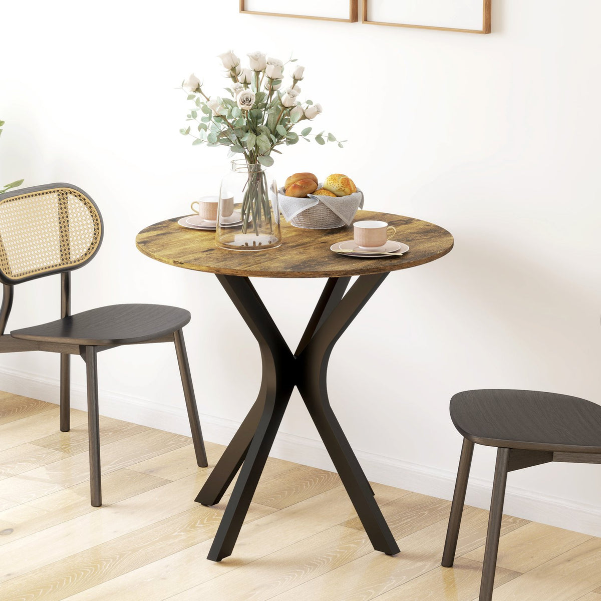 Dining table, round kitchen table, modern dining room table, coffee table with spider steel frame, bar table for 2 people, Ø78 x 75 cm, rustic brown