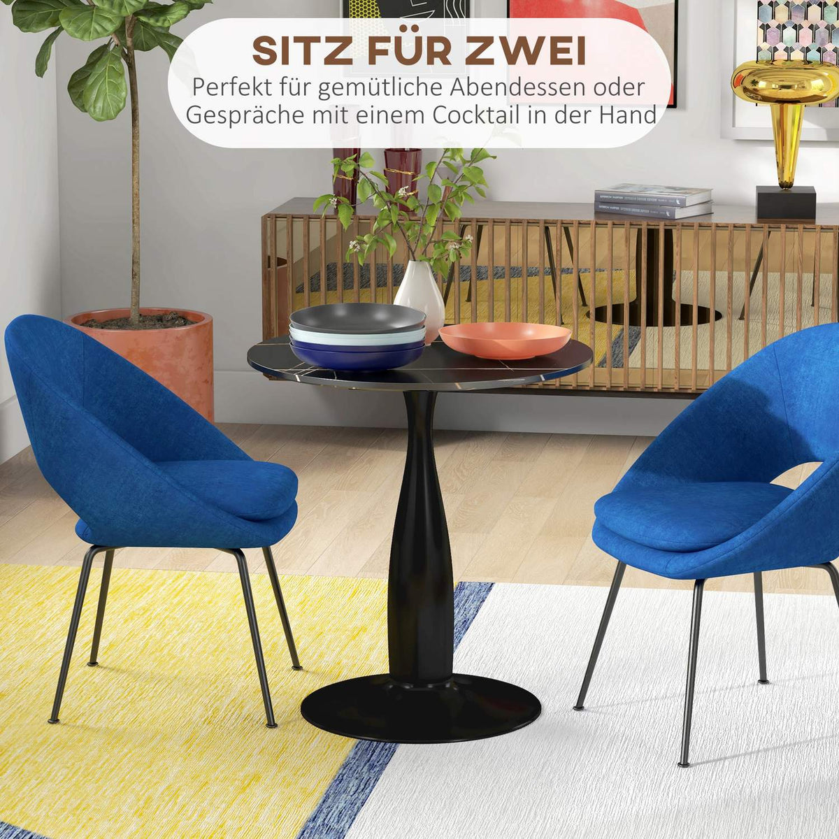 Dining table, round kitchen table, modern dining room table, coffee table with steel frame, bar table for 2 people, Ø70 x 74 cm, black