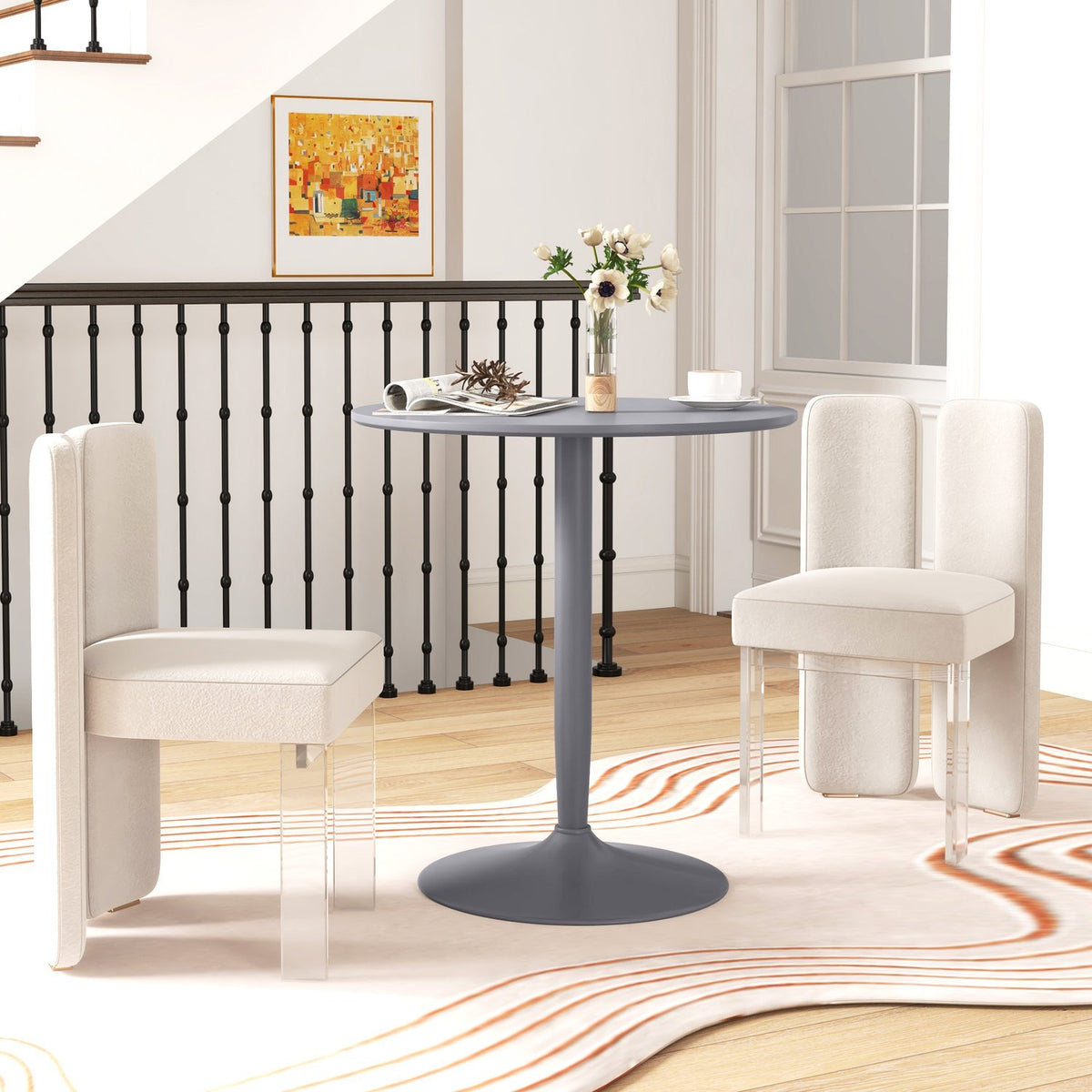 Dining table, round kitchen table, modern dining room table for 2 people, bar table with steel legs, non-slip footrest, for small rooms, living room, Ø70 x 75 cm, gray |