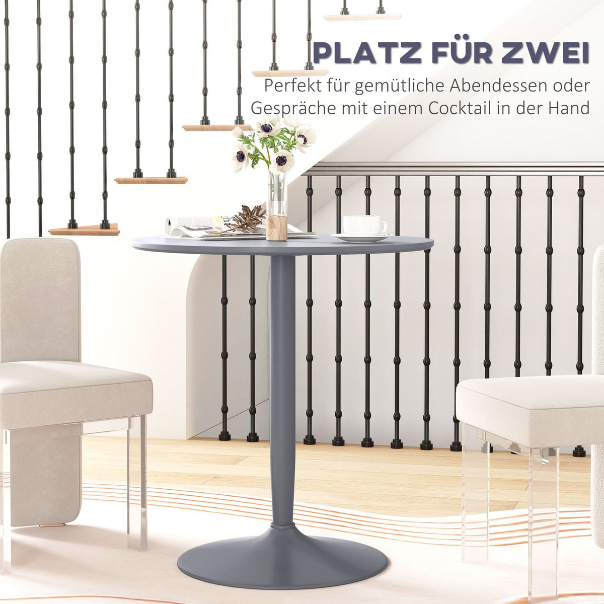 Dining table, round kitchen table, modern dining room table for 2 people, bar table with steel legs, non-slip footrest, for small rooms, living room, Ø70 x 75 cm, gray |