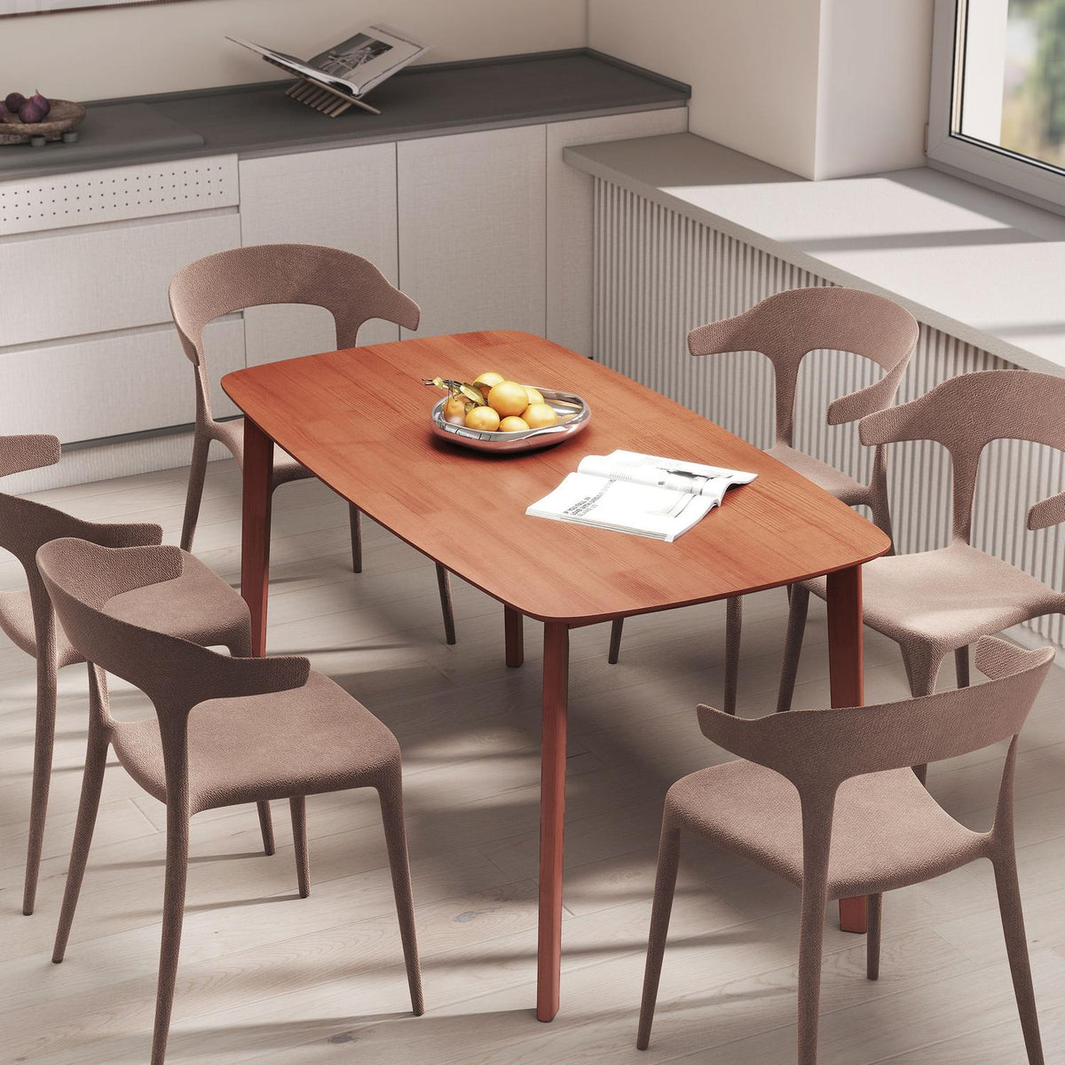 Dining table, solid pinewood, lacquered surface, 150 x 80 cm, brown