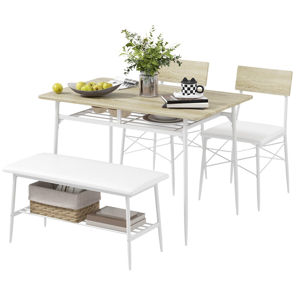 Dining table with 2 chairs, bench, dining group set of 4, kitchen table set with shelf for 4 people, dining room group for small rooms, kitchen, living room, oak