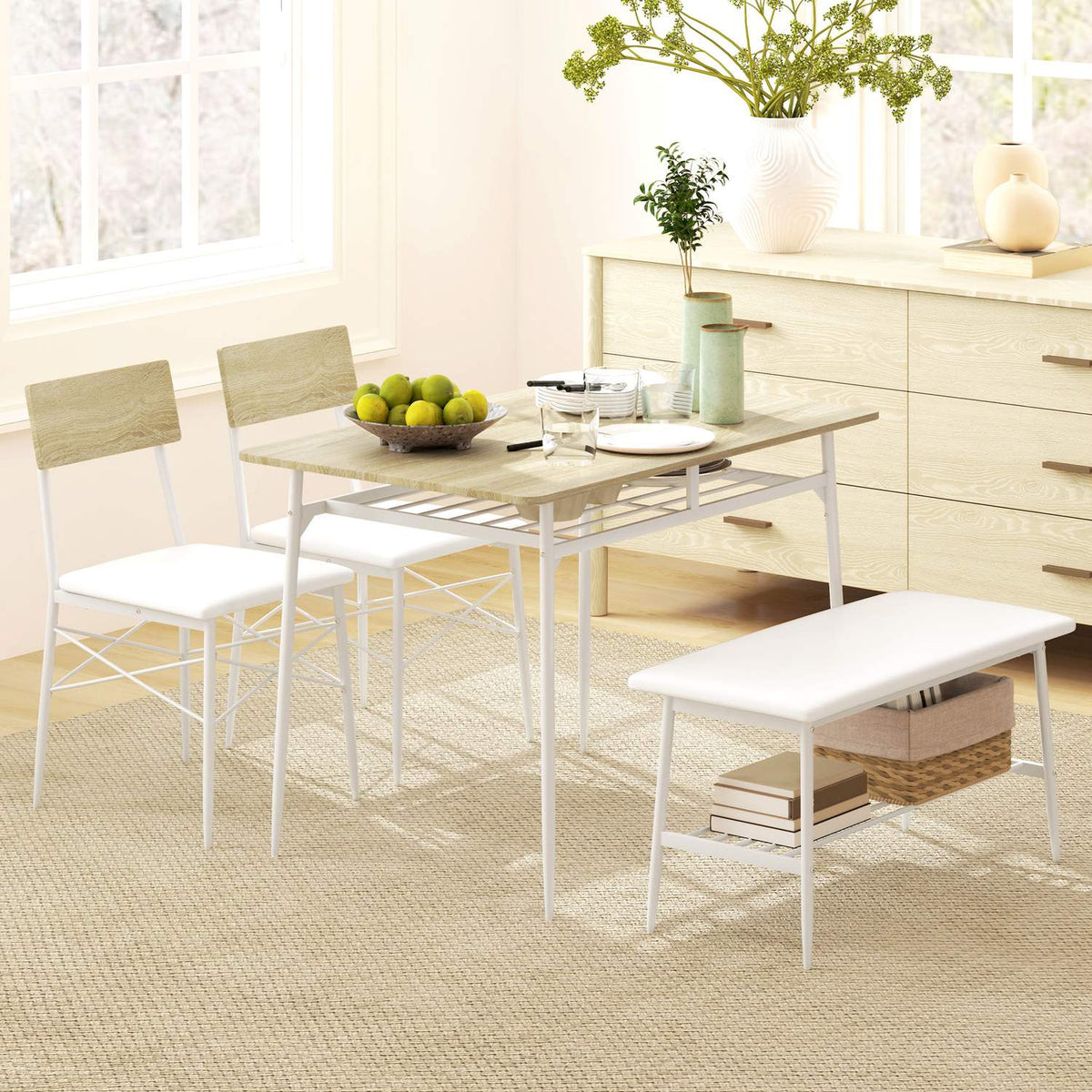 Dining table with 2 chairs, bench, dining group set of 4, kitchen table set with shelf for 4 people, dining room group for small rooms, kitchen, living room, oak