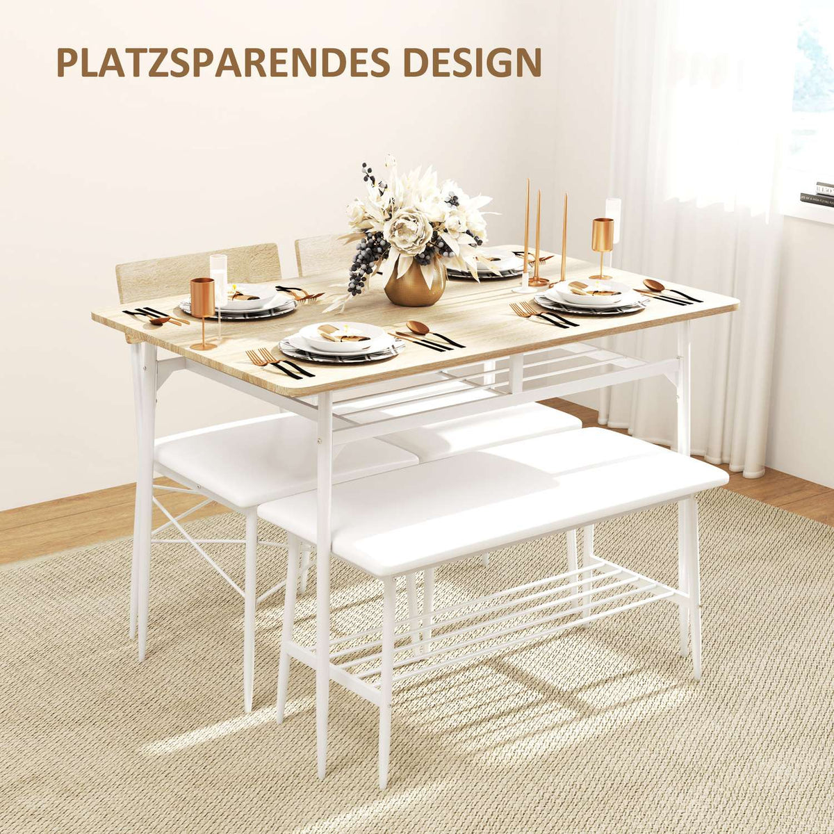 Dining table with 2 chairs, bench, dining group set of 4, kitchen table set with shelf for 4 people, dining room group for small rooms, kitchen, living room, oak