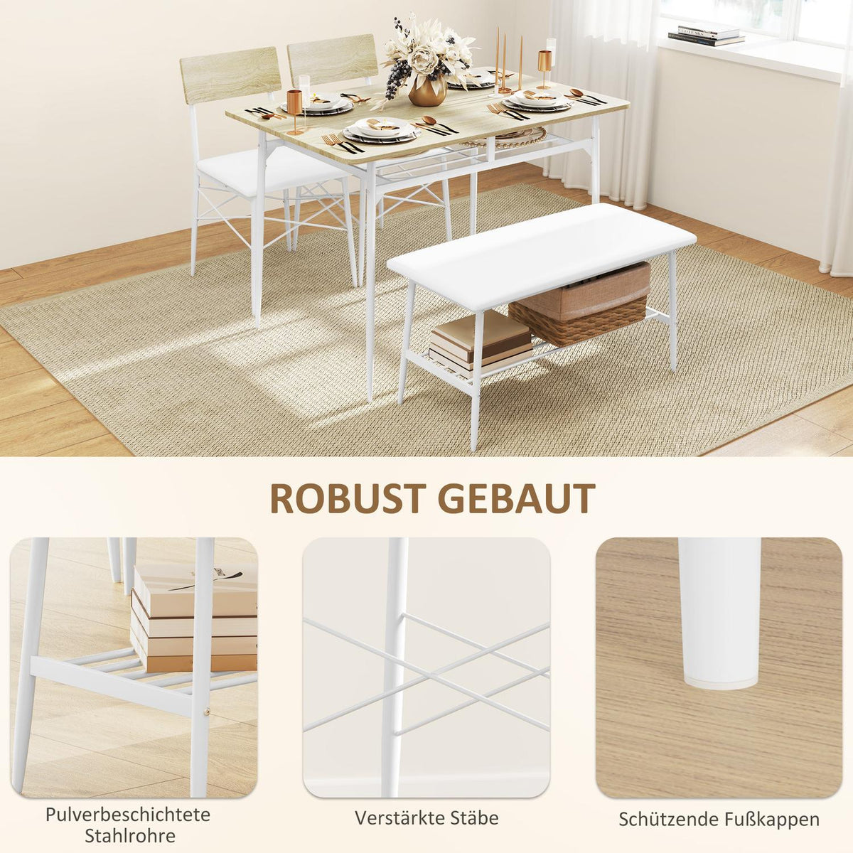 Dining table with 2 chairs, bench, dining group set of 4, kitchen table set with shelf for 4 people, dining room group for small rooms, kitchen, living room, oak