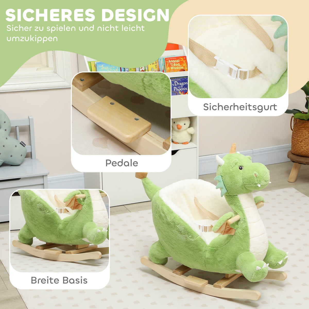 Dinosaur Rocker with Sounds, Soft Filling, Wood Frame, Green