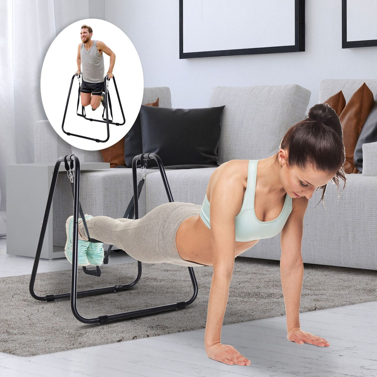 Dipstation Stable Dip Stand With Sling Trainer, Robust Steel Frame, Black, 90X81X92.5Cm