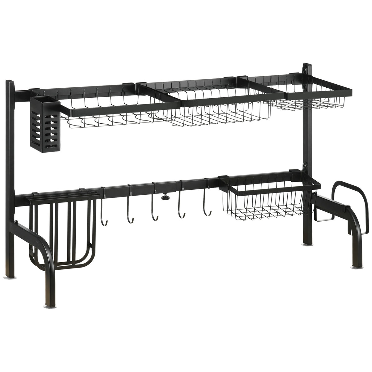 Dish Drainer 2 Tier Dish Drainer, Dish Drainer With Hooks, Drip Tray, Steel, Black, 51-93Cm